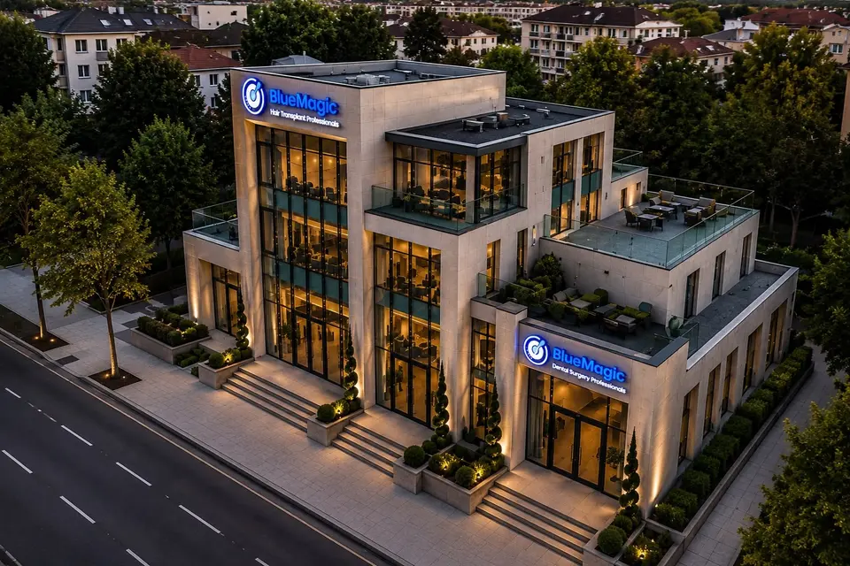 The BlueMagic Group Clinic building in Tirana from above