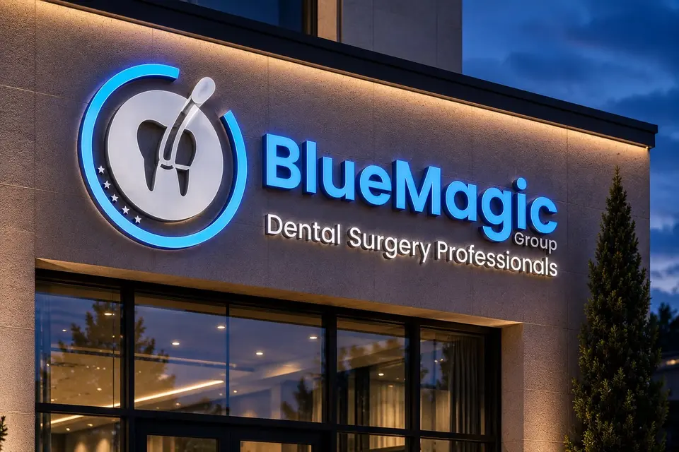 The BlueMagic Group Dental sign at the Tirana clinic
