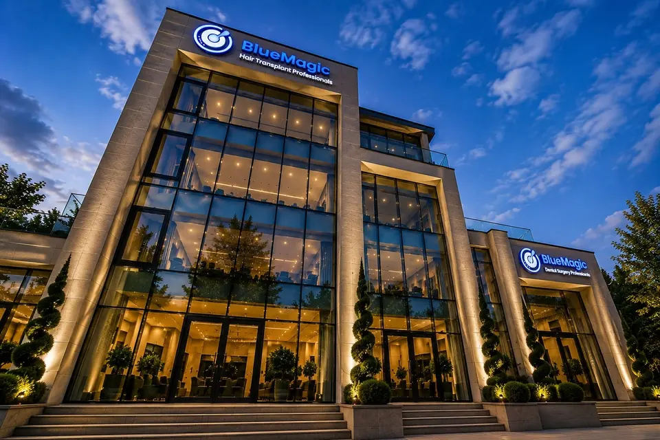The glass façade of the Tirana clinic