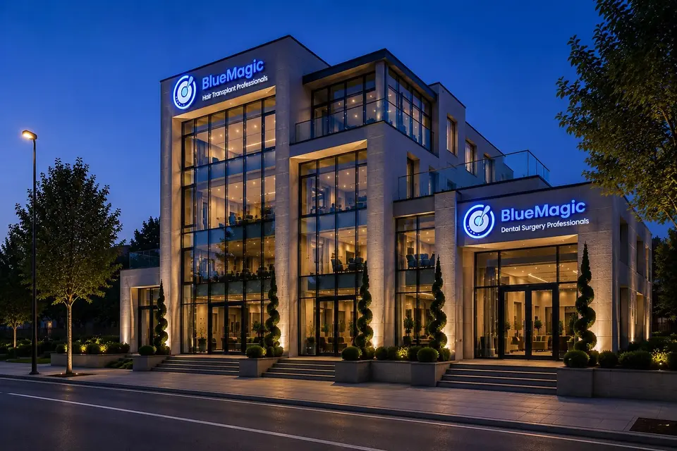 The BlueMagic Group Clinic building in Tirana at dusk