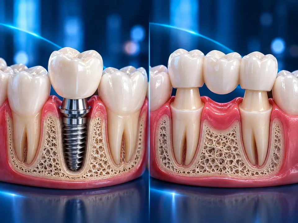 Illustration: links ersetzt ein Implantat allein die verlorene Wurzel; rechts ruht eine Brücke auf zwei überkronten Nachbarzähnen.