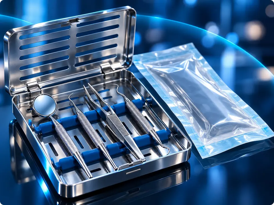 Sterilised dental instruments in a sealed tray